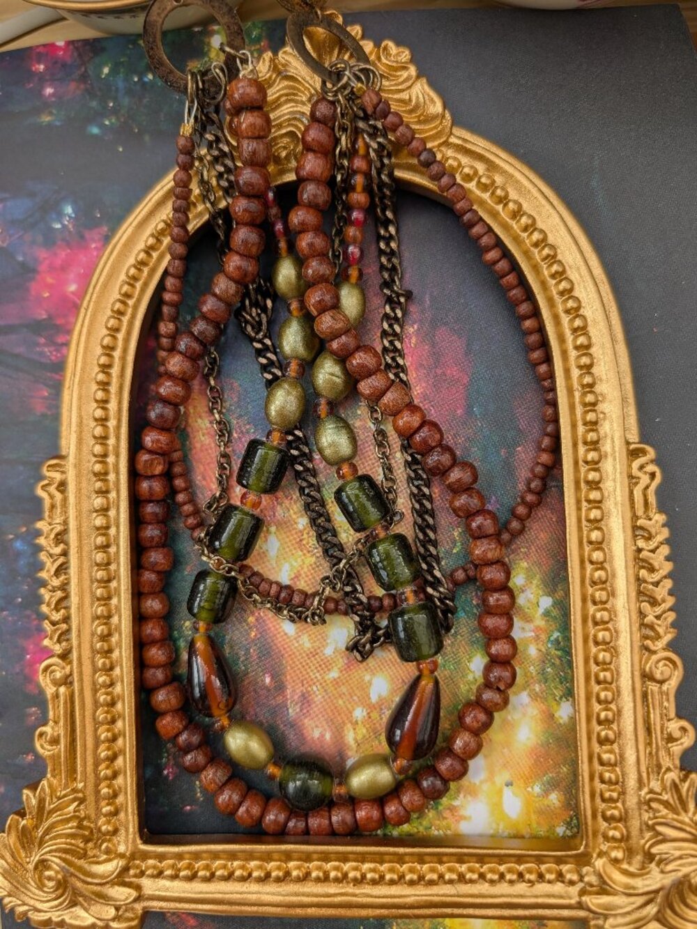 Vintage Earth Tone Multi-Strand Beaded and Chain Necklace